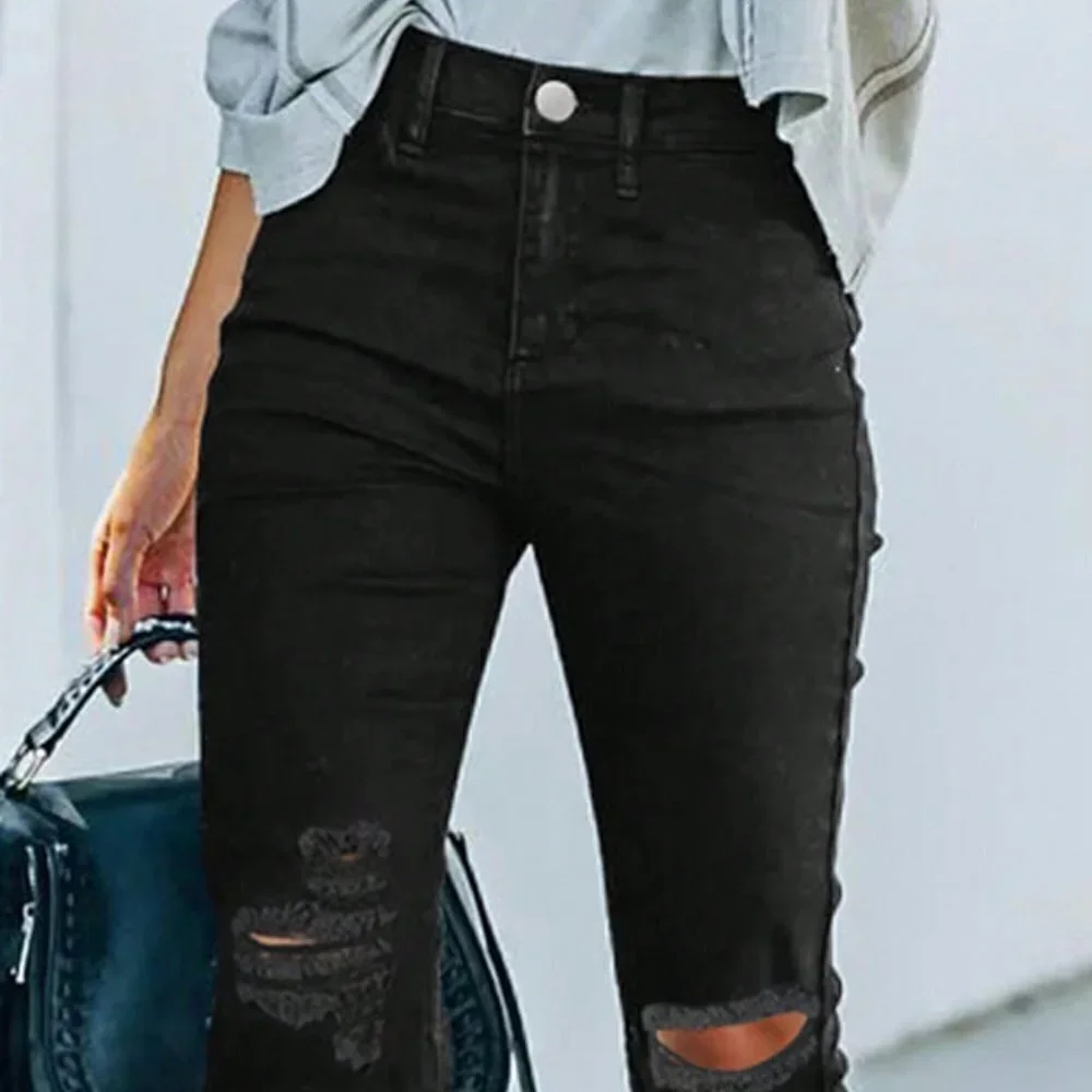 Black Preppy Womens Ripped Raw Hem Flare Leg Jeans - Picture 5 of 5
